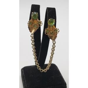 Vintage Green Rhinestone Sweater Guard Leaf Motif Gold Tone